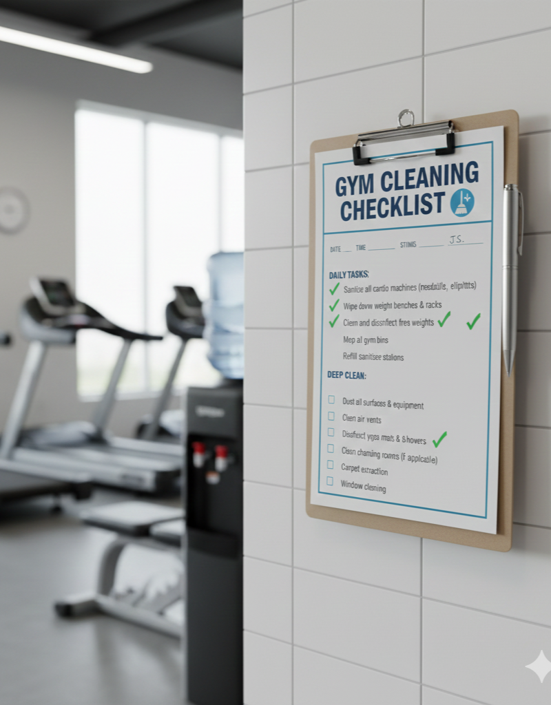 Gym cleaning checklist displayed on a wall inside a modern fitness centre.