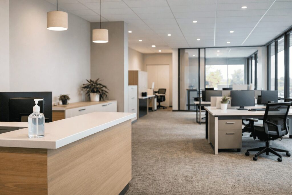 Clean modern office reception desk with hand sanitiser bottle, supporting an office cleaning checklist for hygiene standards.