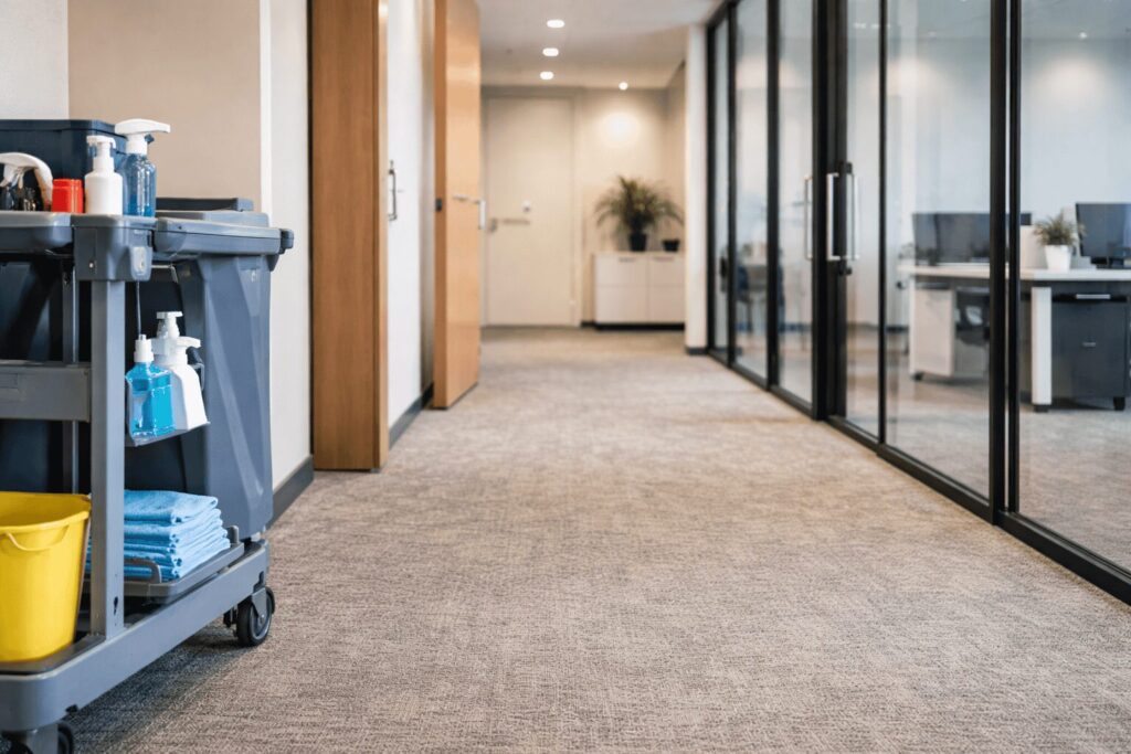 Commercial cleaning trolley with disinfectant and cloths in a modern office corridor, ready for checklist tasks.