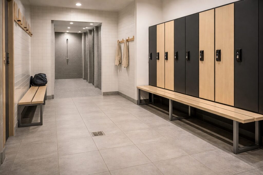 Dry gym change room and shower area with clean drains to help keep your gym pest free.