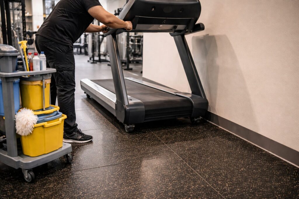 Deep cleaning behind gym equipment to remove hidden grime that can attract pests.
