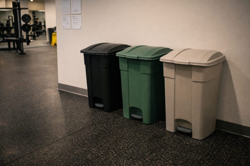 Lidded bins and clean waste area to reduce pests attracted by food residue in gyms.