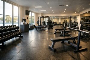 Clean Australian gym interior showing pest prevention standards and tidy equipment layout.