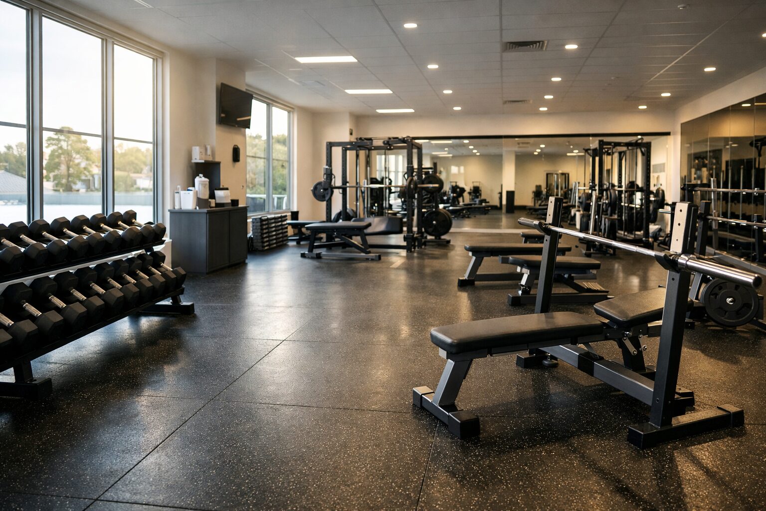 Clean Australian gym interior showing pest prevention standards and tidy equipment layout.