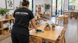 NTFG team carrying out a childcare cleaning procedure in an Australian early learning room.