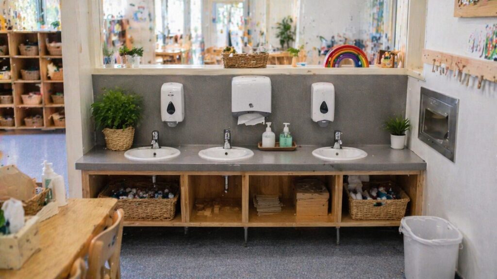 Handwashing station in a childcare centre supporting childcare cleaning standards in Australia.