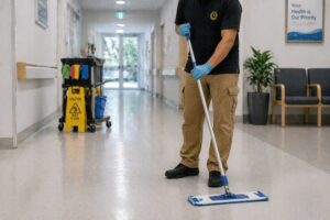 NTFG cleaner using a flat microfibre mop for healthcare corridor floor cleaning.