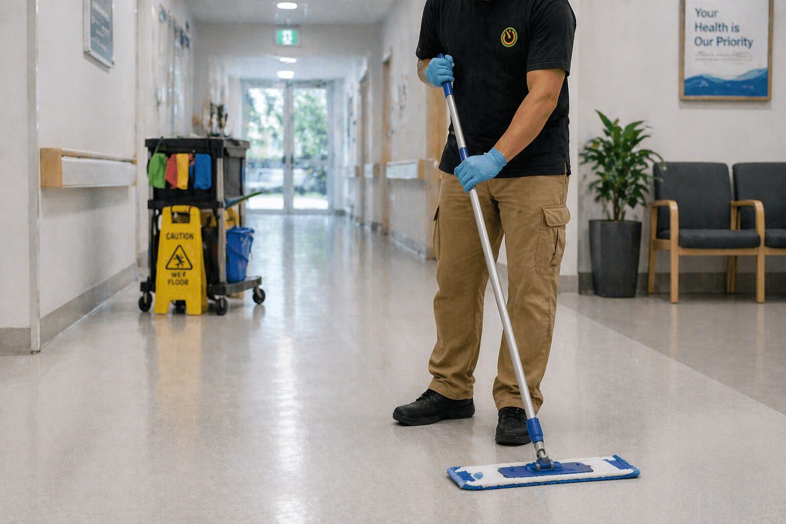 NTFG cleaner using a flat microfibre mop for healthcare corridor floor cleaning.
