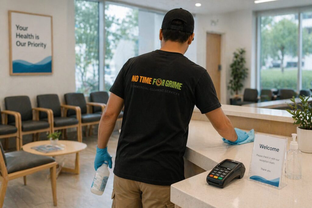 NTFG cleaner using a flat microfibre mop for healthcare corridor floor cleaning.