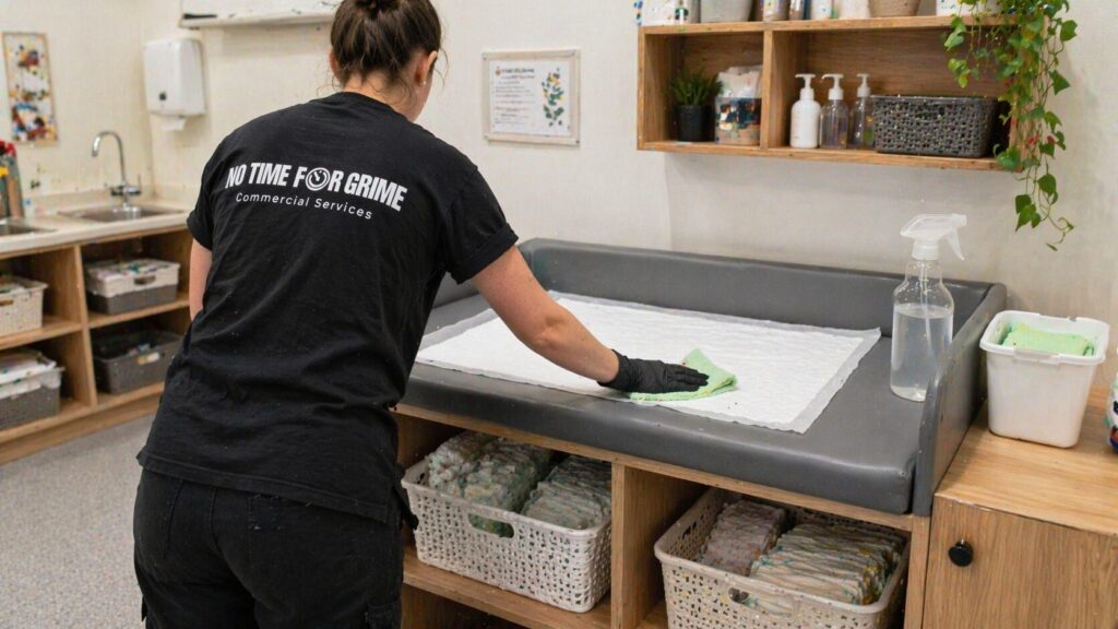 Nappy change area disinfection as part of a childcare cleaning procedure