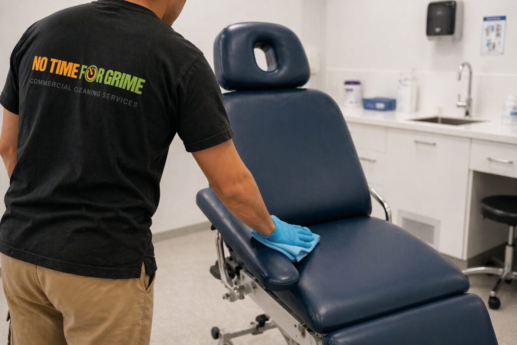 NTFG cleaner wiping a treatment chair arm during clinical contact surface cleaning in a treatment room