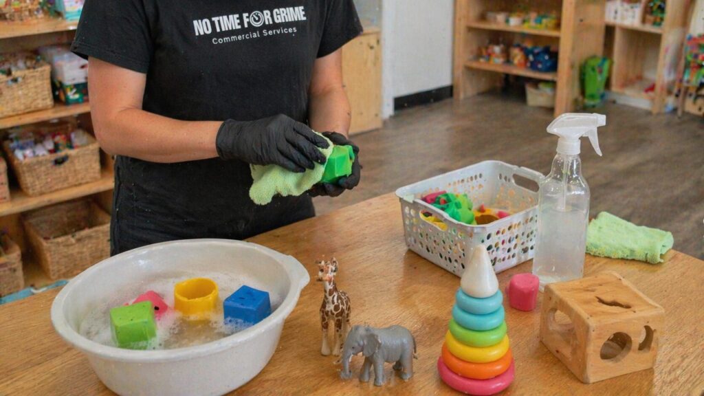 Shared toys being disinfected as part of childcare cleaning in an early learning centre.