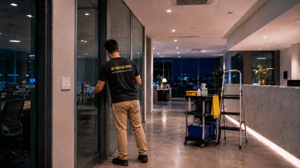 Cleaner wiping a glass office door during after-hours commercial cleaning.