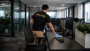 Cleaner sanitising an office workstation during a professional deep clean.