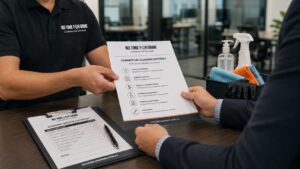 NTFG cleaner handing over a commercial cleaning contract in a modern office.