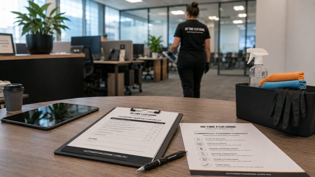 NTFG cleaner handing over a commercial cleaning contract in a modern office.