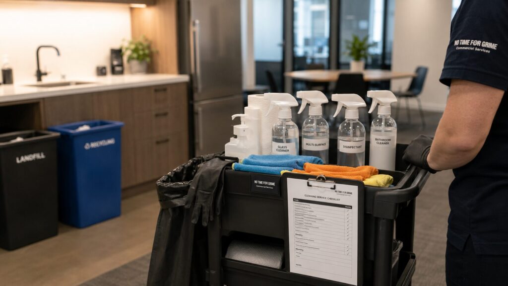 Cleaning trolley with supplies and checklist in an office kitchen area.