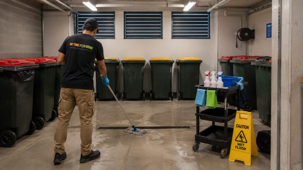 NTFG cleaner mopping a strata bin room floor in a Sydney apartment building with cleaning trolley nearby.