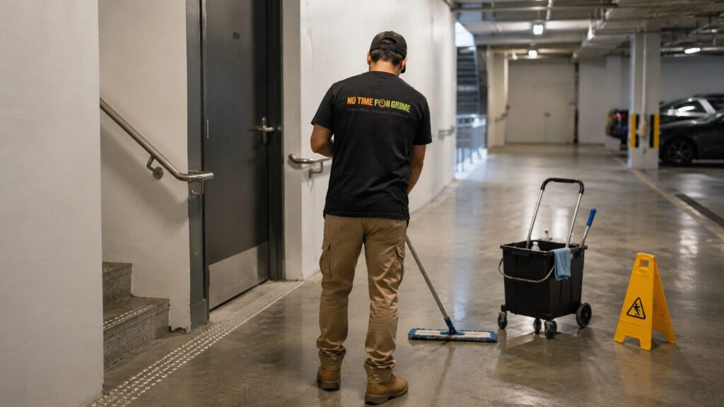 NTFG cleaner mopping a strata car park walkway near stairwell access in a Sydney apartment building.
