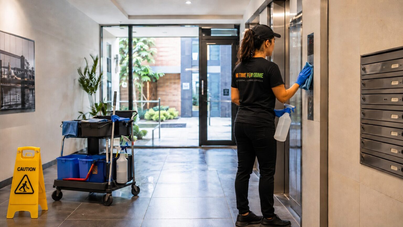 NTFG cleaner wiping lift buttons in a modern strata apartment lobby with cleaning trolley nearby.
