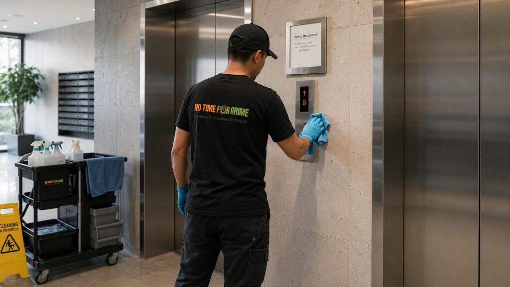 NTFG cleaner wiping lift buttons in a modern strata apartment lobby.