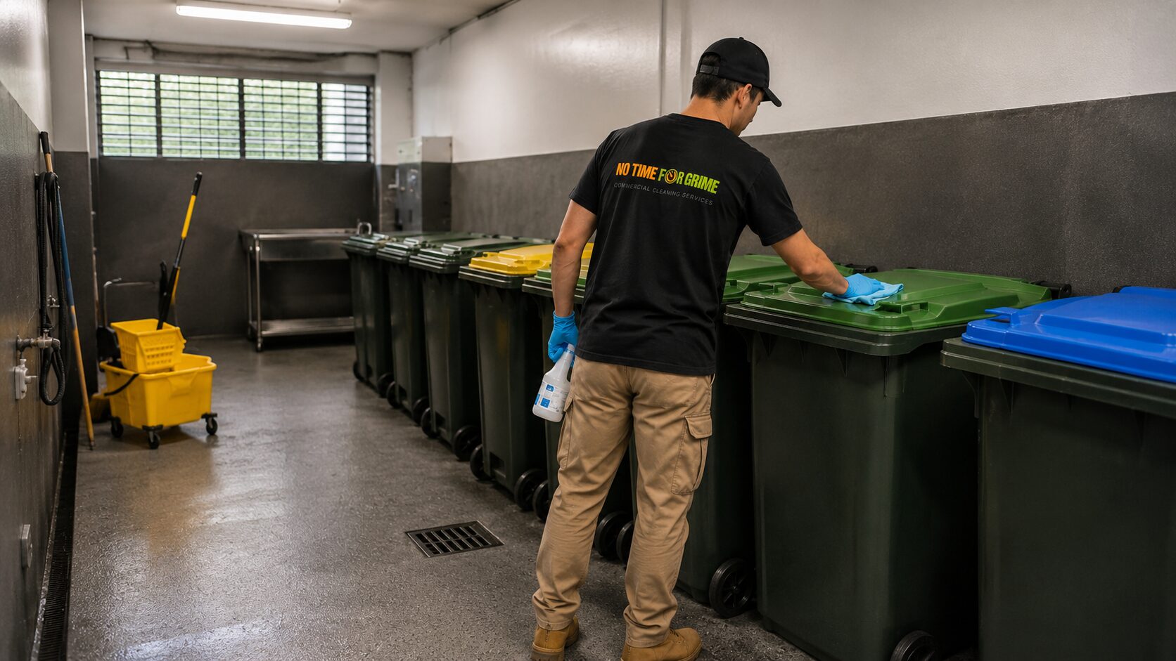 NTFG cleaner sanitising bin lids in a clean strata apartment bin room.