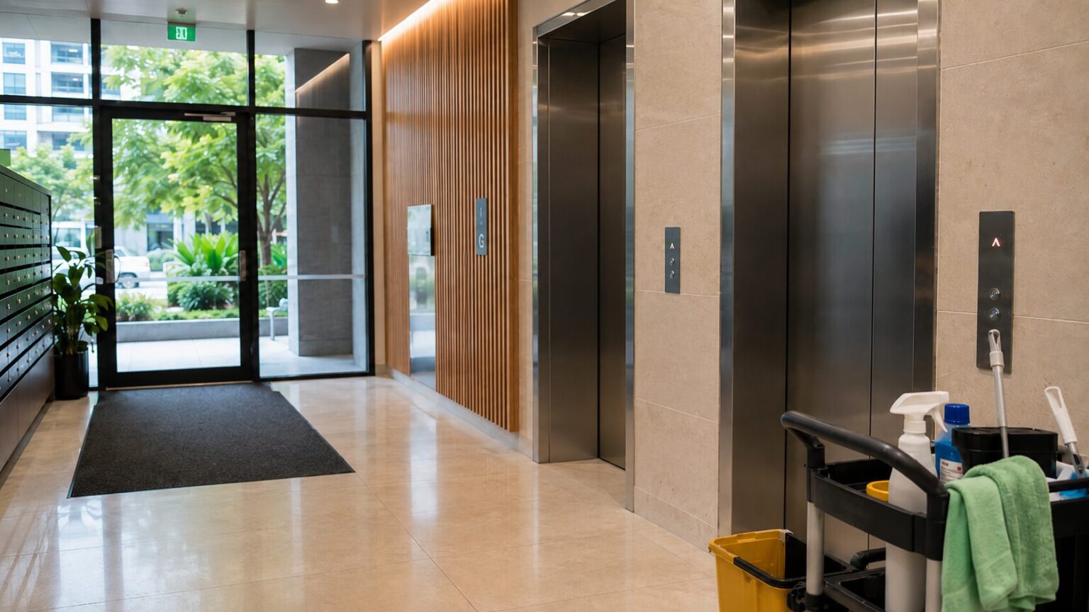 Clean modern strata apartment lobby with lift area and cleaning trolley in Sydney.