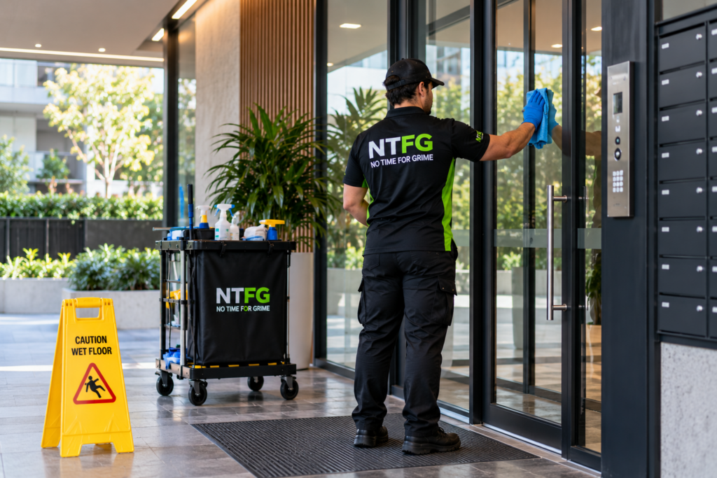 NTFG team cleaning a strata building in Sydney. 