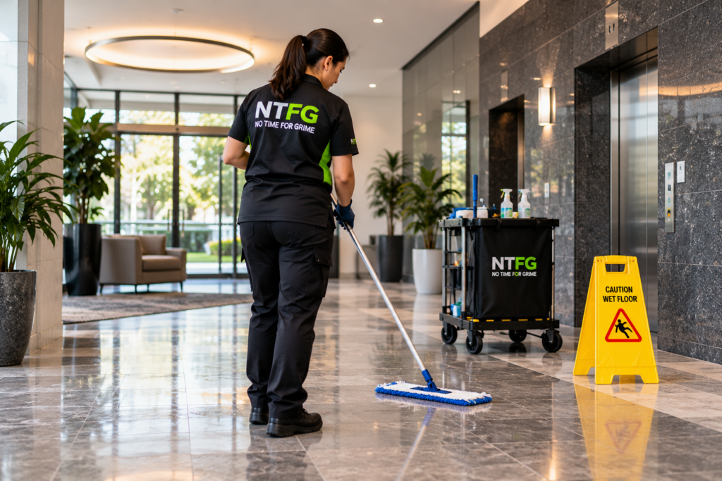 A NTFG team member cleaning the lobby of one of our strata cleaning clients. 